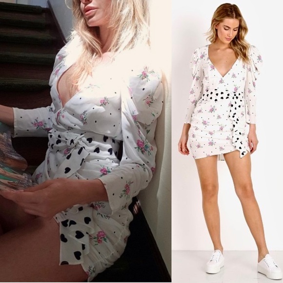 FOR LOVE LEMONS Floral Puff Sleeve Ruched Heart‎ Ruffle Belt Faux Wrap Dress XS - Picture 4 of 16